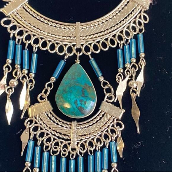 Vintage Boho Turquoise Beaded Necklace Layered Silver Fringe Peruvian 70s Hippie - Picture 3 of 12